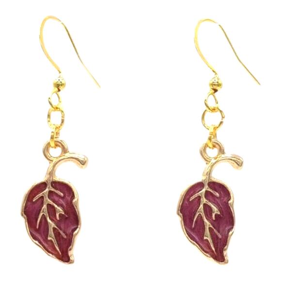 Burgundy Fall Leaf Earrings Autumn Jewelry Cozy Vibes - Picture 1 of 3